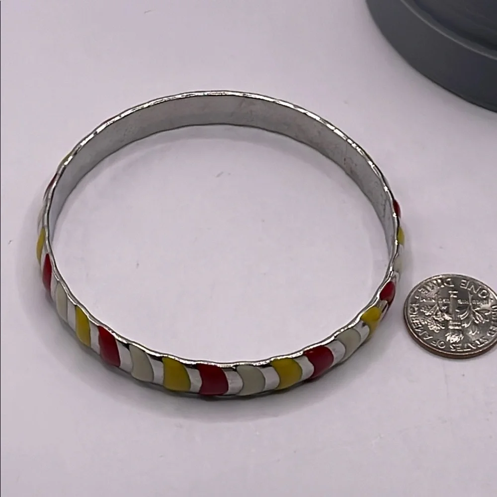 Vintage striped enamel Colorful Silvertone Bangle Bracelet yellow red cream